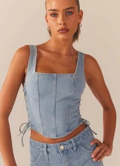 Peppermayo Exclusive Giddy Up Denim Bustier Top - Subdued Blue