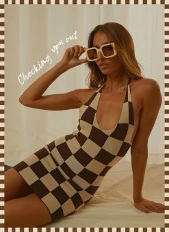 Peppermayo Exclusive The Groove Knit Halter Dress - Choc Check