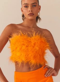 Peppermayo Exclusive The Night Is Ours Feather Crop Top - Tangerine