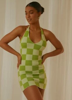 Peppermayo Exclusive The Groove Knit Halter Dress - Lime Checkers -Peppermayo Shop Peppermayp Wholesale MARCH 112