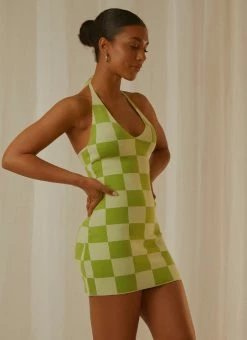 Peppermayo Exclusive The Groove Knit Halter Dress - Lime Checkers -Peppermayo Shop Peppermayp Wholesale MARCH 113
