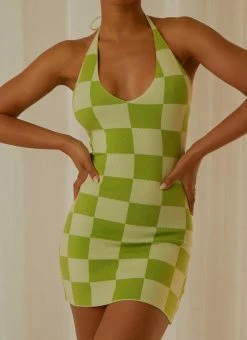 Peppermayo Exclusive The Groove Knit Halter Dress - Lime Checkers