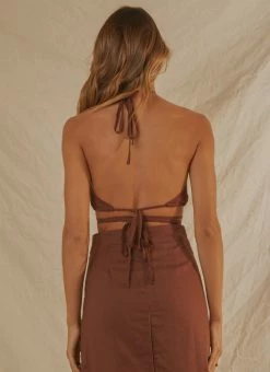 Peppermayo Exclusive Last Champagne Linen Halter - Choc Brown -Peppermayo Shop bbe96a83305941cfa8df13286d851fe0