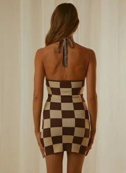 Peppermayo Exclusive The Groove Knit Halter Dress - Choc Check -Peppermayo Shop db74e418f09848b2a774de9a3eabe0ee
